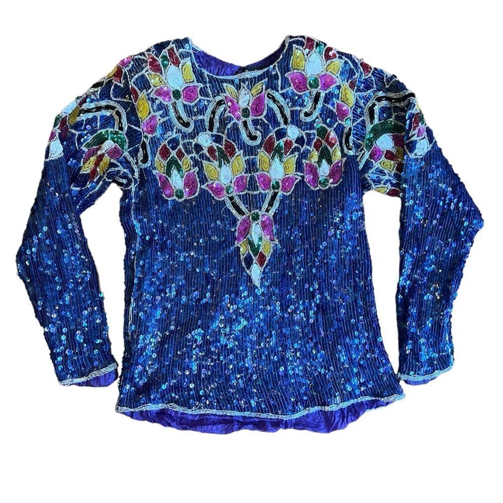 Vintage Carolyne Barton Night Size Small Pure Silk Blue Colorful Sequin Top
